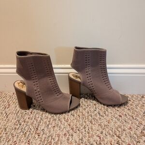 Peep-Toe Taupe Knit Block Heel Booties